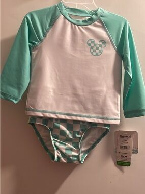 Kids Mint & White Rash Guard Swim Set - Long Sleeve